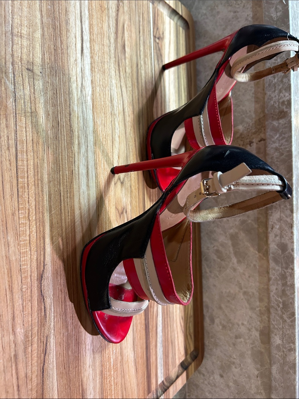 L.A.M.B. Black, Red and Cream Strappy Stiletto Sandals